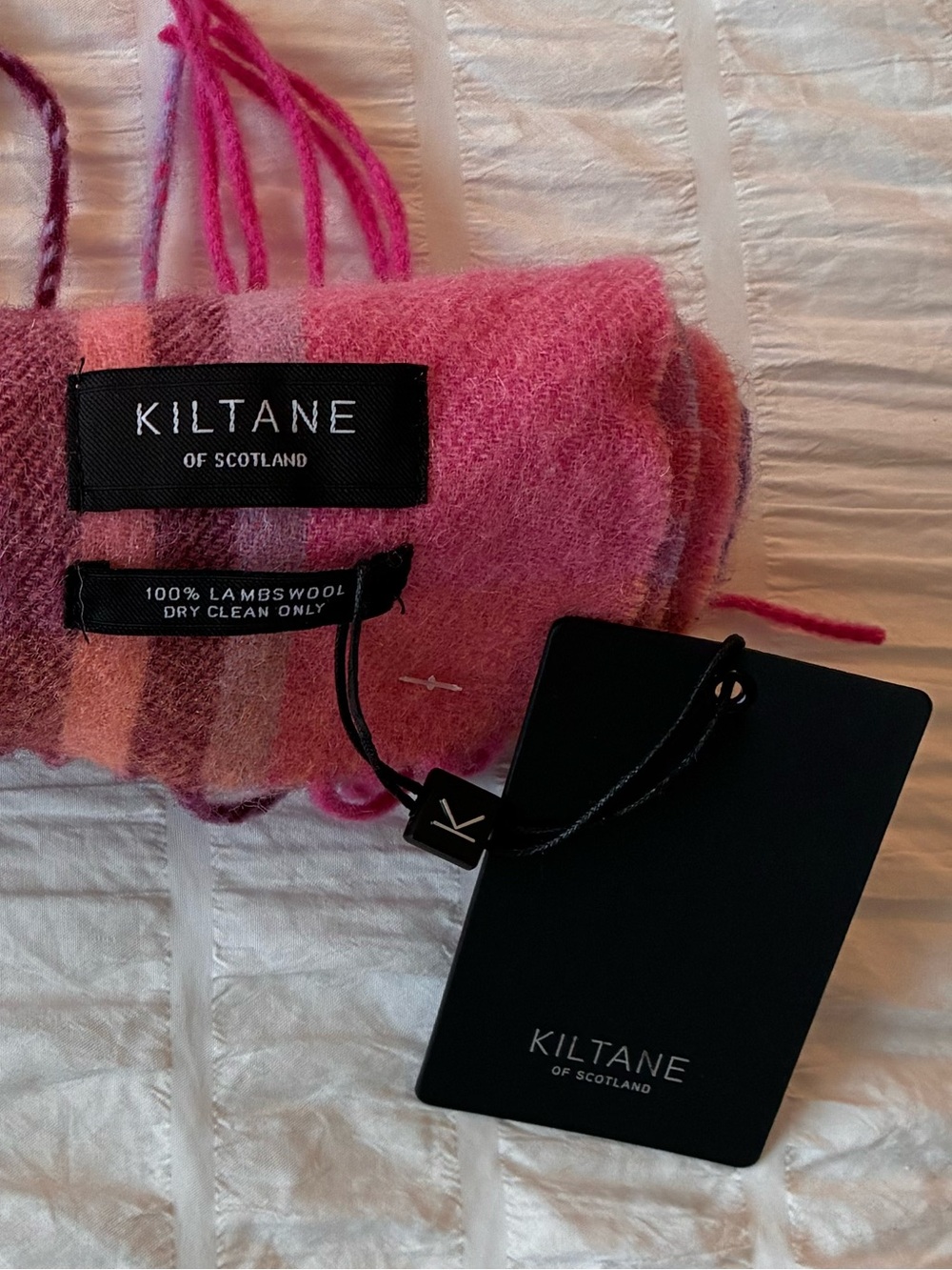 Kiltane of Scotland 100% Lambswool Plaid Fringe Scarf NWT Pink Orange